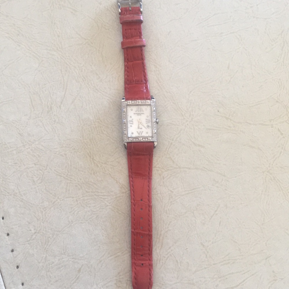 Raymond Weil diamond watch with red leather strap